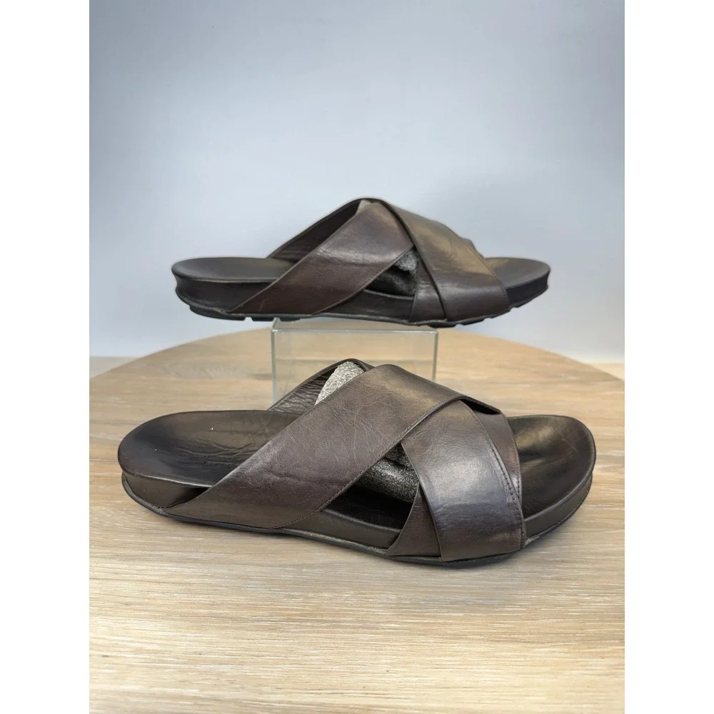 Sacco Bucci italy Mens 10 Pebbled Leather Slides Criss Cross Platform Brown